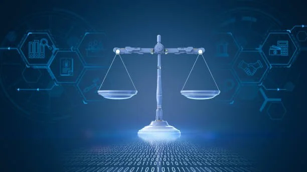 3d rendering blue law scale with graphic interface display